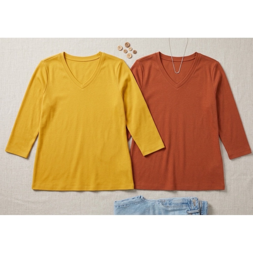 Autumn Fall V-Neck 3/4 sleeve Jersey Tee 2-Pack Denim & Co. Women 1X Rust